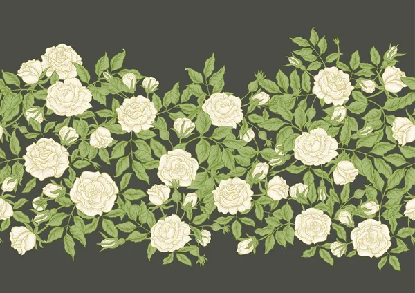 枝にバラの花 Milleflurs流行の花のデザイン シームレスな境界パターン 線形装飾 リボンベクトルイラスト 緑の背景に — ストックベクタ