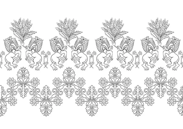 Byzantine Traditional Historical Motifs Animals Birds Flowers Plants Seamless Border — Stockvektor