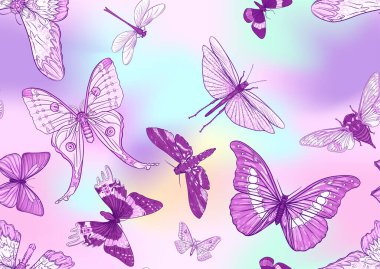 Böcekler: böcekler, kelebekler, güveler, yusufçuklar. Etimologlar hazır. Kusursuz desen, arka plan. Vektör çizimi. Yumuşak pastel arka planda gerçekçi bir şekilde