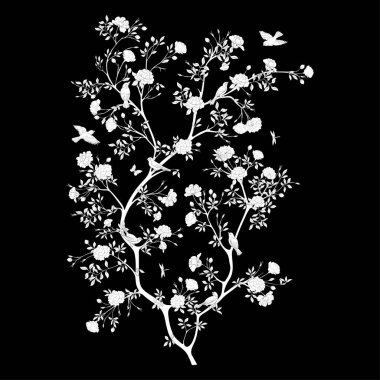 Serçe, ispinoz, kelebek ve yusufçuklarla dolu kamelya çiçeği ağacı. Clip sanatı, tasarım vektörü illüstrasyonu için element. Botanik tarzında.