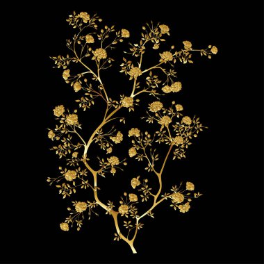 Kamelya çiçeği ağacı yonga sanatı, tasarım vektörü çizimi için element. Botanik tarzında.