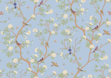 Serçe, ispinoz, kelebek ve yusufçuklarla dolu kamelya çiçeği ağacı. Kusursuz desen, arka plan. Vektör çizimi. Chinoiserie, geleneksel oryantal botanik motifi.