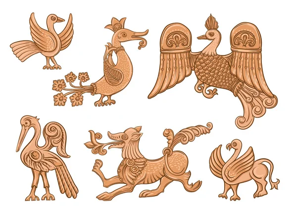 Byzantine Traditional Historical Motifs Animals Birds Flowers Plants Clip Art — Stock Vector