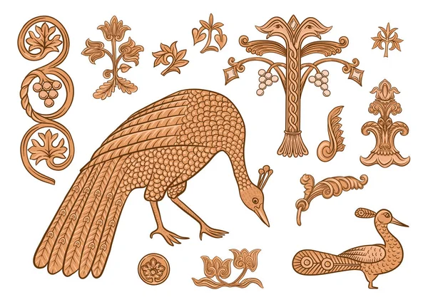 Візантійські Традиційні Історичні Мотиви Тварин Птахів Квітів Рослин Кліп Набір — стоковий вектор