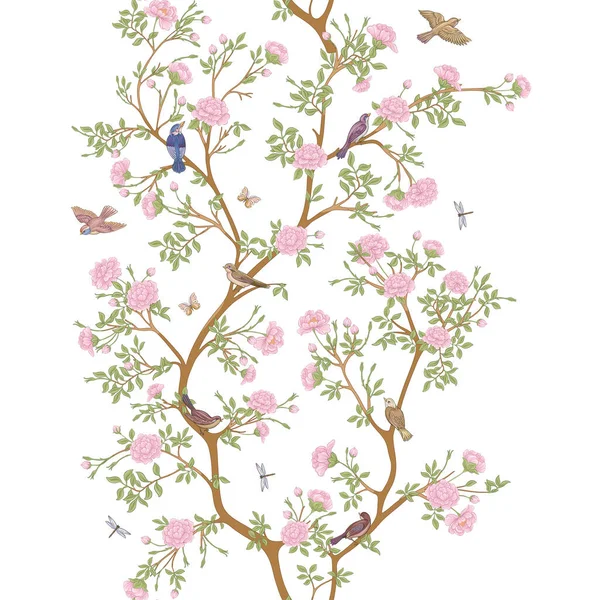 Camellia Blossom Tree Sparrow Finches Butterflies Dragonflies Seamless Pattern Background — ストックベクタ