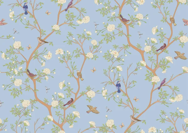 Camellia Blossom Tree Sparrow Finches Butterflies Dragonflies Seamless Pattern Background — 스톡 벡터