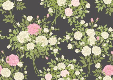 Dallardaki güller. Millefleur 'ların moda çiçek tasarımı. Kusursuz desen, arka plan. Vektör illüstrasyonu.