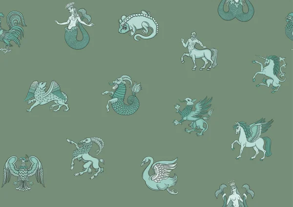 Symbolic Heraldic Animals Creatures Classic Traditional Design Historical Ornament Seamless — Vector de stock