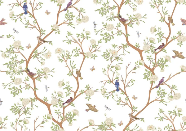 Camellia Blossom Tree Sparrow Finches Butterflies Dragonflies Seamless Pattern Background — Διανυσματικό Αρχείο