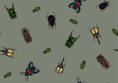 Böcekler: böcekler, kelebekler, güveler, yusufçuklar. Etimologlar hazır. Kusursuz desen, arka plan. Vektör çizimi. Askeri yeşilde gerçekçi bir üslupla, haki rengi