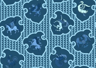 Sembolik, soylu hayvanlar ve yaratıklar. Klasik, geleneksel tasarım. Tarihsel süslemeler, kusursuz kalıplar, arka plan. Vektör illüstrasyonu.