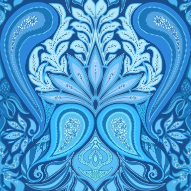 Şal desenli, geleneksel klasik klasik klasik lüks, eski moda çiçek süsü. Kusursuz desen, arka plan. Vektör çizimi. Mavi renklerle.