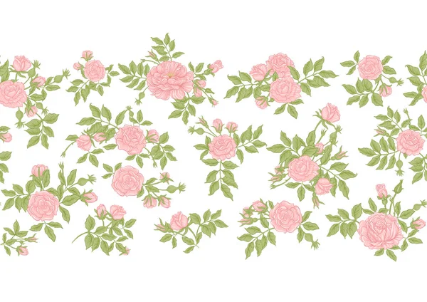 Roses Flowers Branches Millefleurs Trendy Floral Design Seamless Border Pattern — ストックベクタ