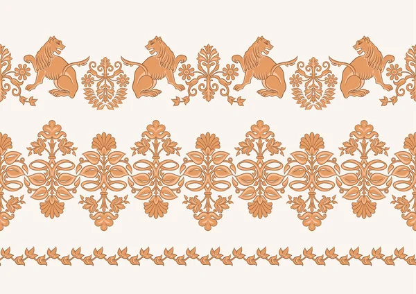 Motivos Históricos Tradicionales Bizantinos Animales Aves Flores Plantas Patrón Borde — Vector de stock