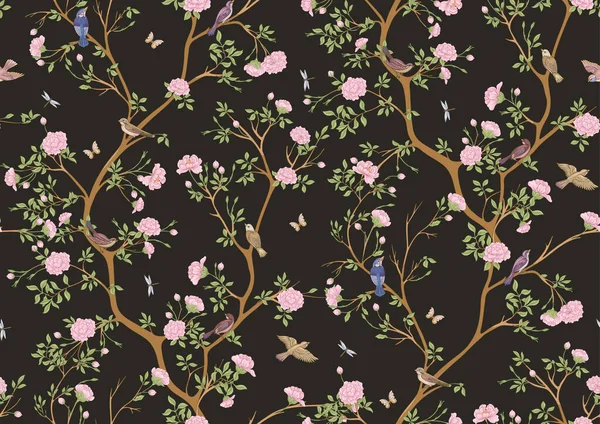 Camellia Blossom Tree Sparrow Finches Butterflies Dragonflies Seamless Pattern Background — Διανυσματικό Αρχείο