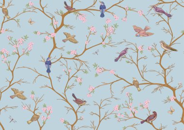 Gökyüzüne karşı serçe ve ispinozlarla kiraz çiçekleri dalları. Kusursuz desen, arka plan. Vektör çizimi. Chinoiserie, geleneksel oryantal botanik motifi. Botanik tarzında.