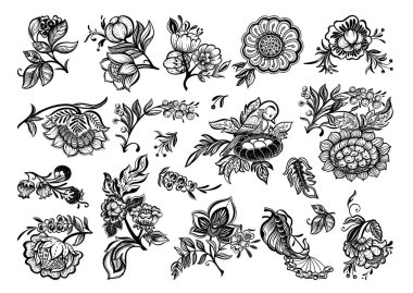 Fantasy flowers in retro, vintage, jacobean embroidery style. Elemants for design. Vector illustration.