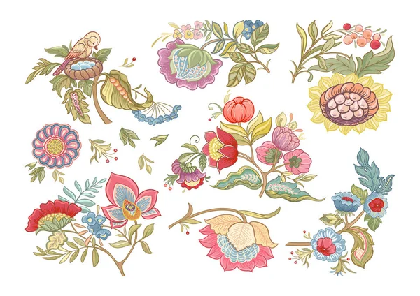 Fantasie Bloemen Retro Vintage Jacobische Borduurstijl Elementen Voor Ontwerp Vectorillustratie — Stockvector