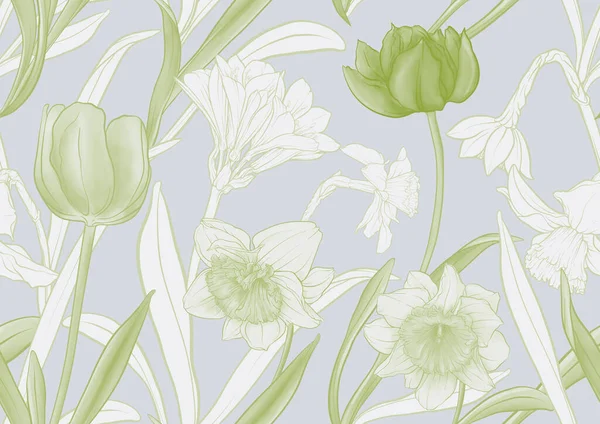 White Daffodils Tulips Flowers Early Spring Flowers Seamless Pattern Background — Image vectorielle
