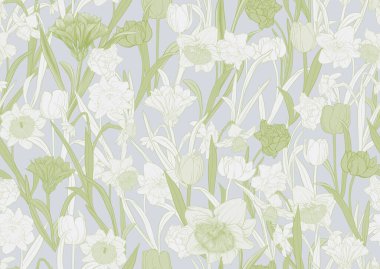 White daffodils and tulips flowers, the early spring flowers. Seamless pattern, background. Vector illustration. In botanical style