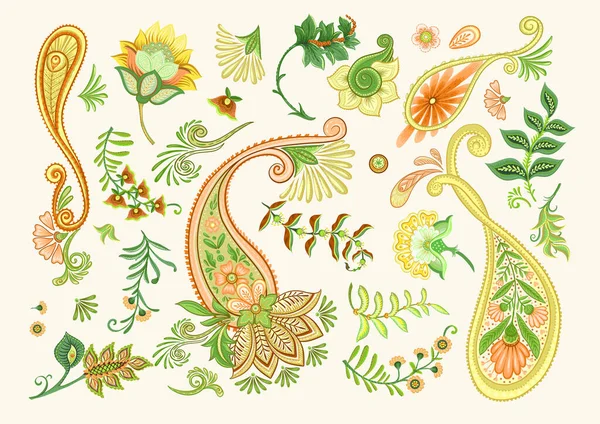 Fantasy Flowers Paisley Retro Vintage Jacobean Embroidery Style Elements Motif —  Vetores de Stock