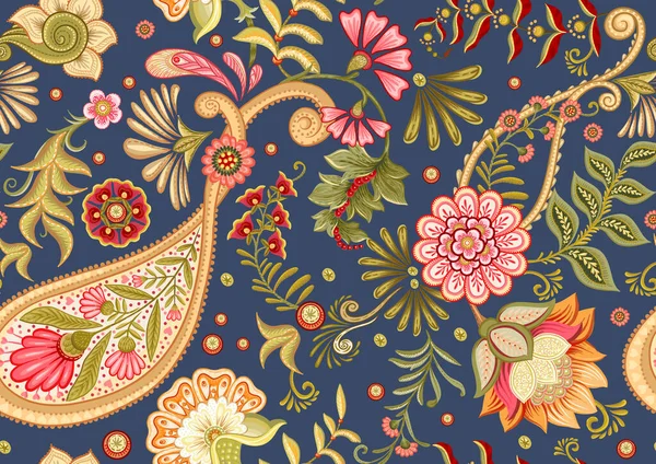 Fantasy Flowers Retro Vintage Jacobean Embroidery Style Paisley Seamless Pattern — стоковый вектор