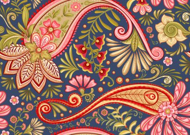 Fantasy flowers in retro, vintage, jacobean embroidery style. Paisley seamless pattern, background. Vector illustration on blue background.