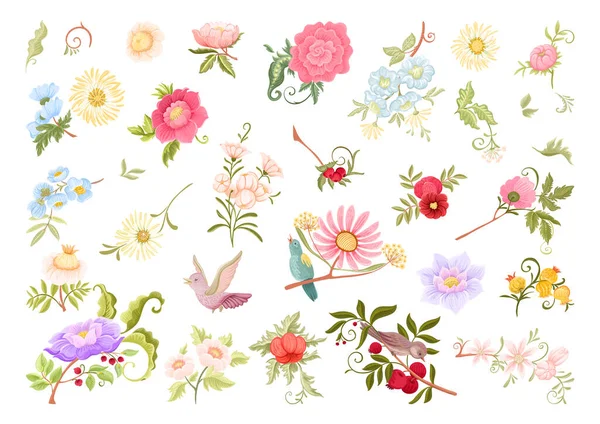 Fantasy Flowers Birds Retro Vintage Jacobean Embroidery Style Clip Art — Stock Vector