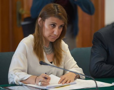 Bükreş, Romanya - 04 Mayıs 2022: Romanya Rekabet Dairesi genel müdürü Daniela Badila, 2019 yılından bugüne kadar Senato Ekonomi Komisyonu 'nun Konsey çalışmalarına katıldı..