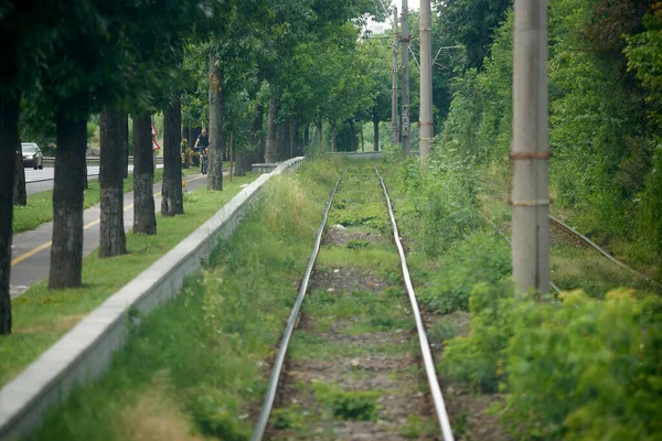 Bükreş, Romanya - 17 Haziran 2022: Bükreş 'in pipera mahallesindeki tramvay hatları.