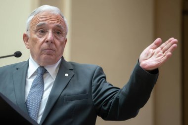 Bucharest, Romania - August 09, 2022: National Bank of Romania Governor Mugur Isarescu presents the Quarterly Report on Inflation during a press conference, at the BNR headquarters.