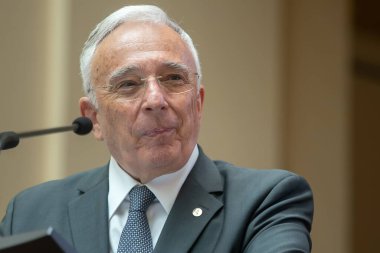 Bucharest, Romania - August 09, 2022: National Bank of Romania Governor Mugur Isarescu presents the Quarterly Report on Inflation during a press conference, at the BNR headquarters.