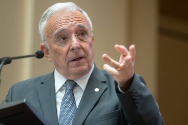 Bucharest, Romania - August 09, 2022: National Bank of Romania Governor Mugur Isarescu presents the Quarterly Report on Inflation during a press conference, at the BNR headquarters.