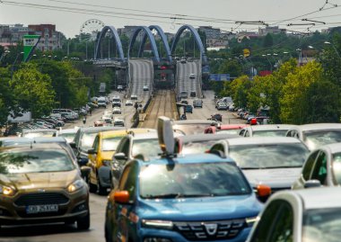 Bucharest, Romania - August 09, 2022: The Mihai Bravu Bridge is seen at the end of Mihai Bravu Boulevard, in Bucharest. This image is for editorial use only.
