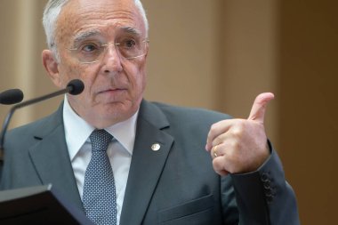 Bucharest, Romania - August 09, 2022: National Bank of Romania Governor Mugur Isarescu presents the Quarterly Report on Inflation during a press conference, at the BNR headquarters.