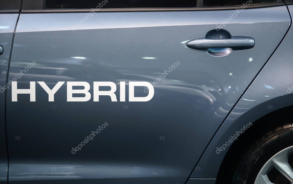 Bucharest, Romania - October 06, 2022: A Hybrid car is seen during Bucharest Auto Show. This image is for editorial use only.