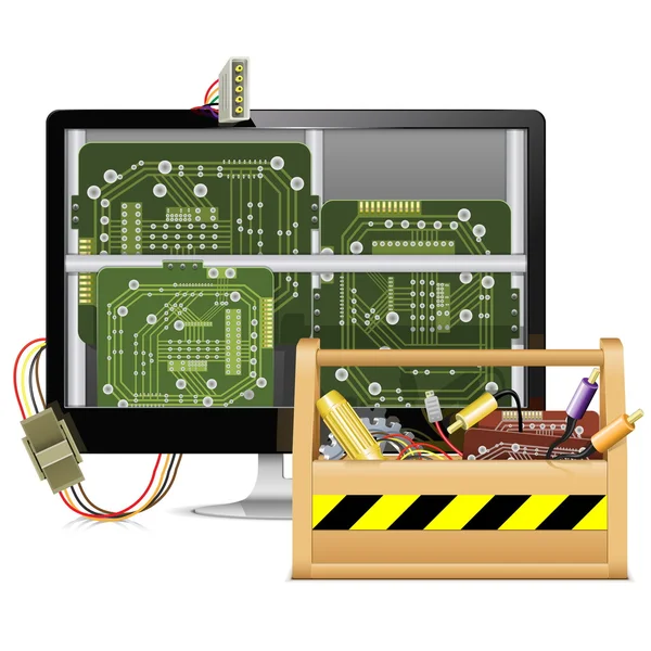 Reparación de computadora vectorial con caja de herramientas — Vector de stock