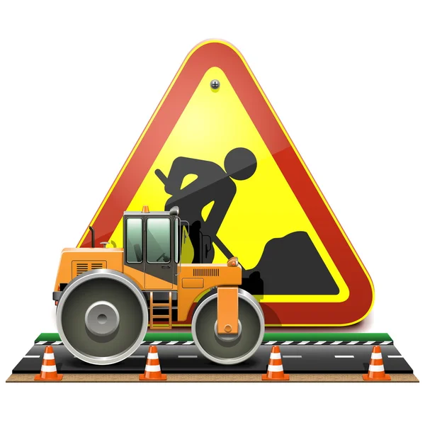 Vector Road Construction Concept with Compactor — Stock Vector