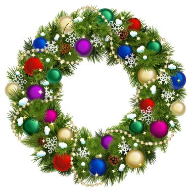 Beyaz arkaplanda renkli Baublelar olan Vektör Noel Çam Çamı Çelengi