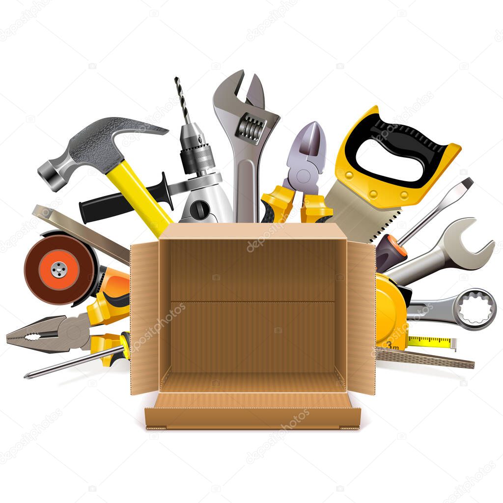 Vector Carton Box with Hand Tools isolated on white background
