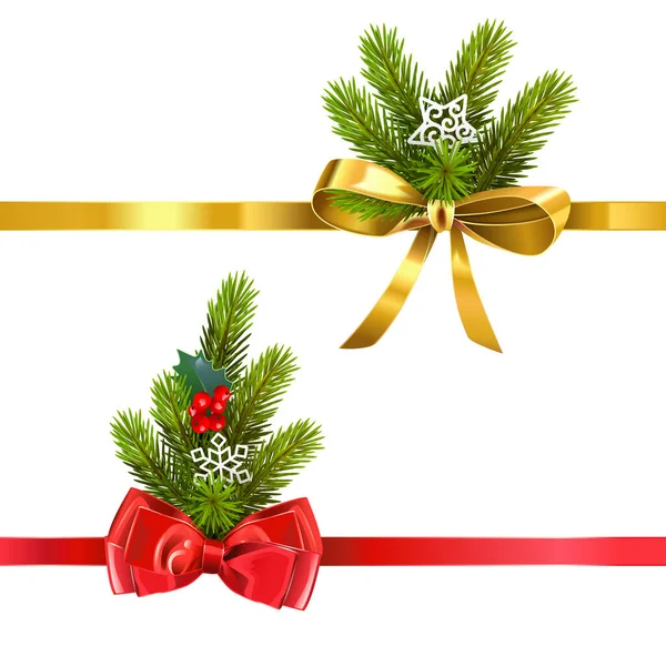 Vector Bow Met Kerst Takken Geïsoleerd Witte Achtergrond — Stockvector