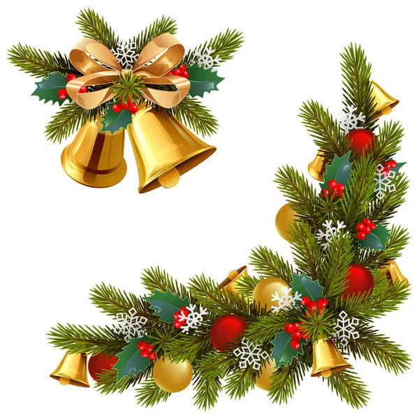 Vector Christmas Fir Corner Decorazioni Isolate Sfondo Bianco — Vettoriale Stock