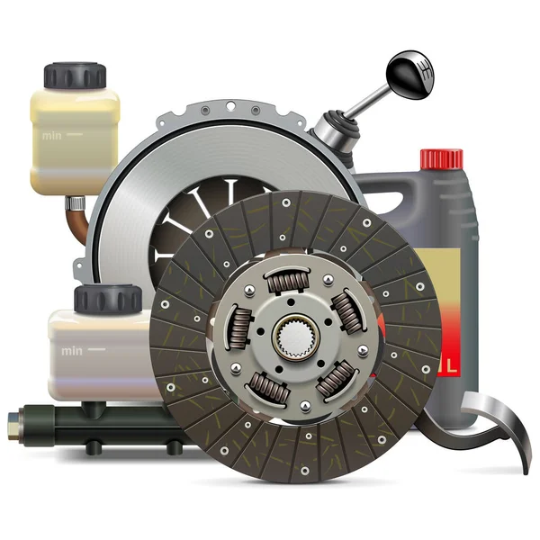 Vector Car Clutch System Parts Απομονωμένα Λευκό Φόντο — Διανυσματικό Αρχείο