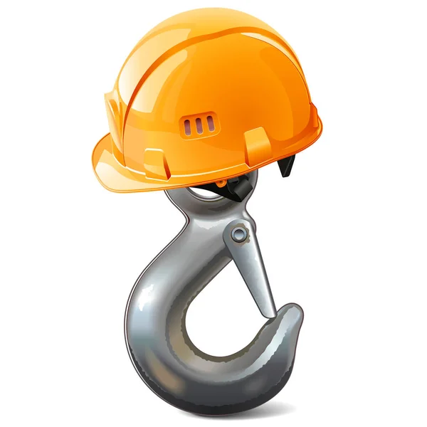 Vector Steel Crane Hook Orange Helmet Isolated White Background —  Vetores de Stock