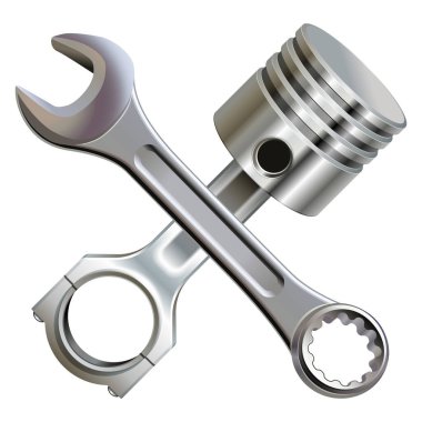 Beyaz arkaplanda Wrench ve Piston izole edilmiş Vektör Motor Onarım Konsepti