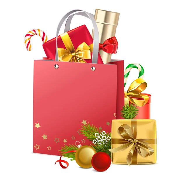 白い背景に隔離された赤いバッグとベクトルクリスマスショッピングコンセプト — ストックベクタ