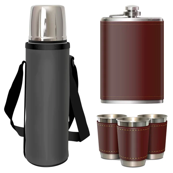 Vector Camping Thermos Flask Cups Isolated White Background — Stock Vector