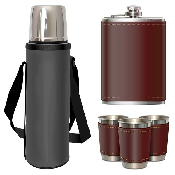 Vettore Camping Thermos Flask Con Tazze Isolate Sfondo Bianco Vettoriali Stock Royalty Free