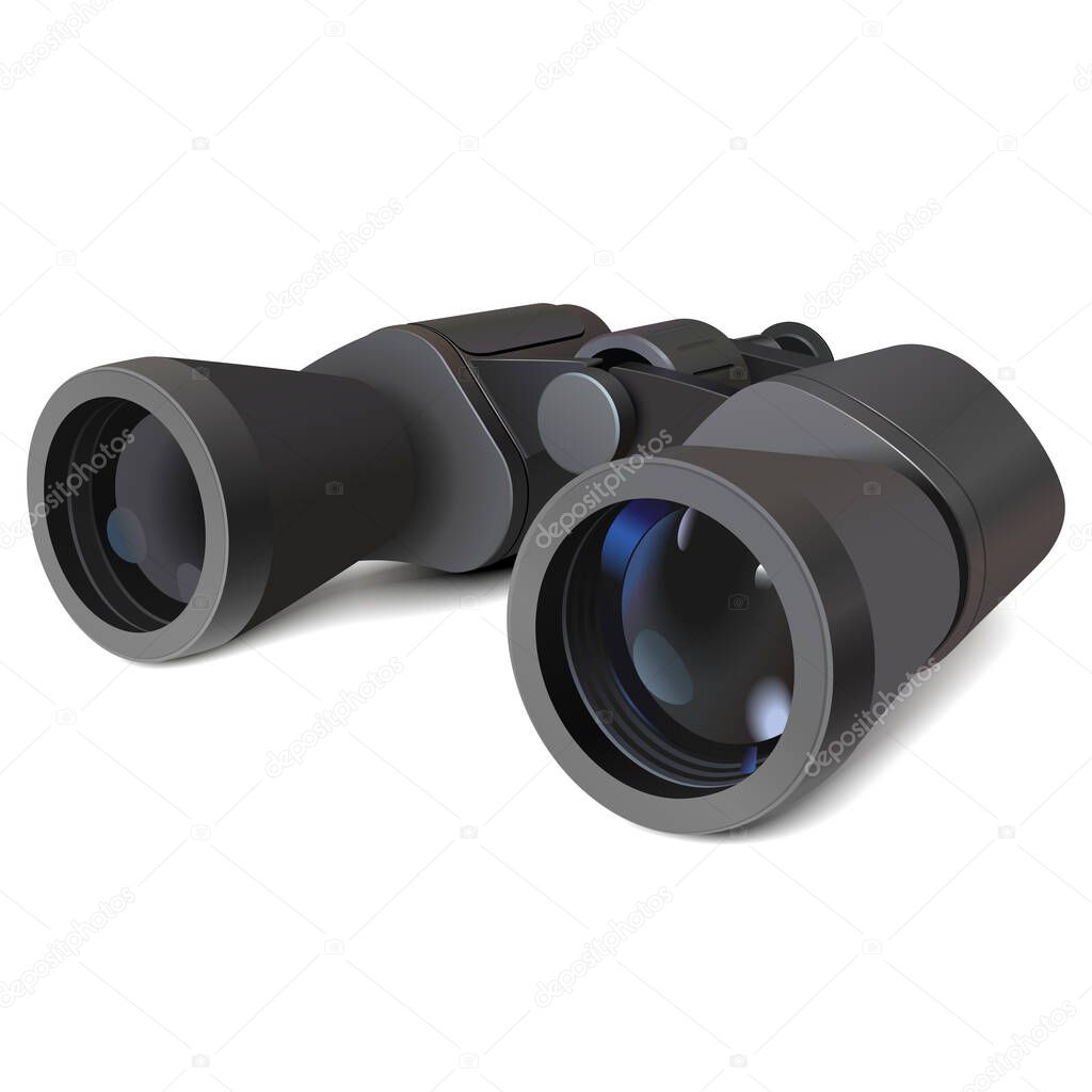 Vector Black Binoculars with Blue Lenses isolated on white background