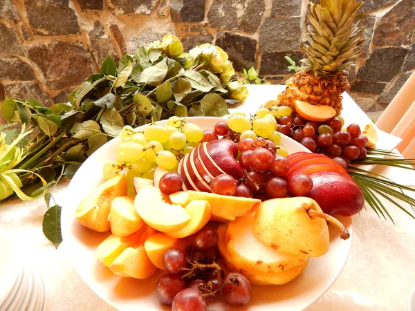 Meyve tabağı doğada, piknik — Stok fotoğraf